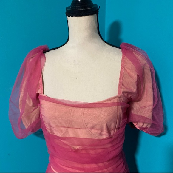 NWT Missguided 10 Pink Neon Mesh Ruched Puff Sleeve Mini Dress Party - Picture 5 of 7
